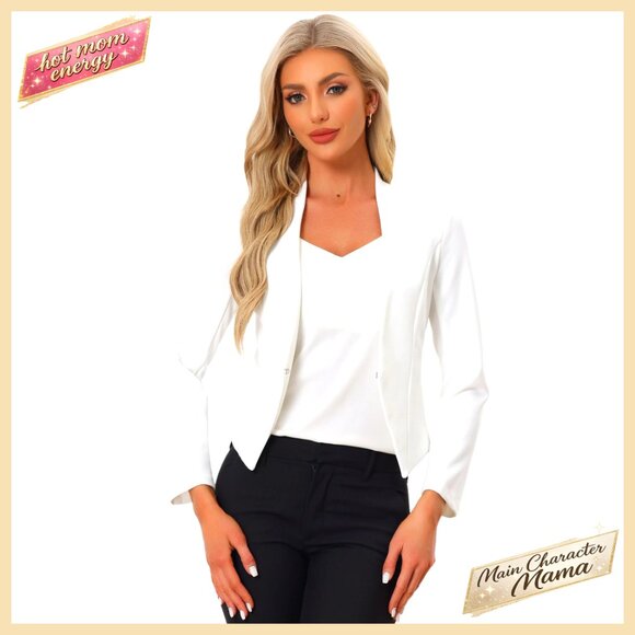 Cropped Blazer Collarless Business Casual Stretch Fabric Work Office